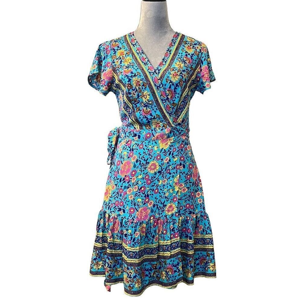 Zesica Women's XS Boho Floral V-Neck Wrap Dress Short Blue Summer Casual Flowy